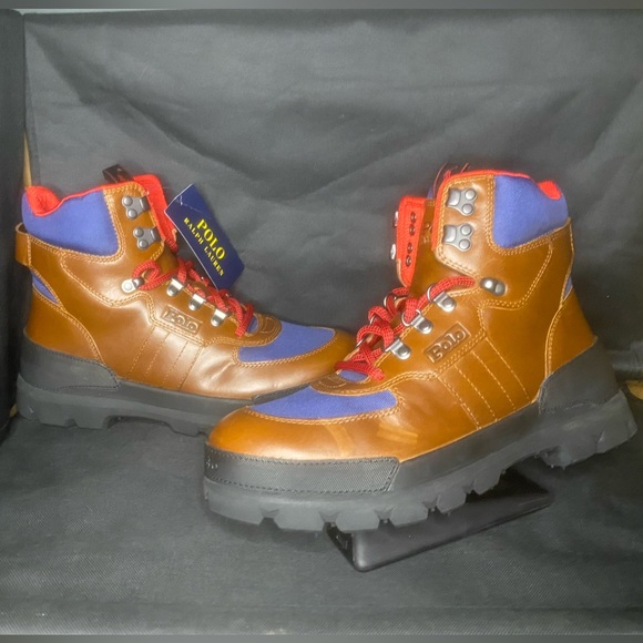 Size 6. Polo Ralph Lauren Oslo Oxford Tactical Leather Boots / Tan Navy - Picture 3 of 5